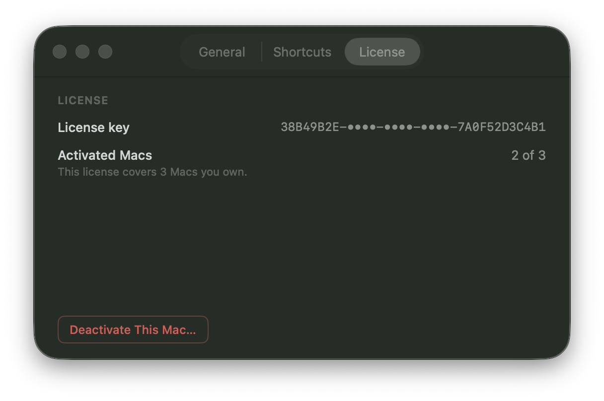 DuskPane's Settings window on the License tab, showing the masked license key, the number of activated Macs, and the Deactivate This Mac button.