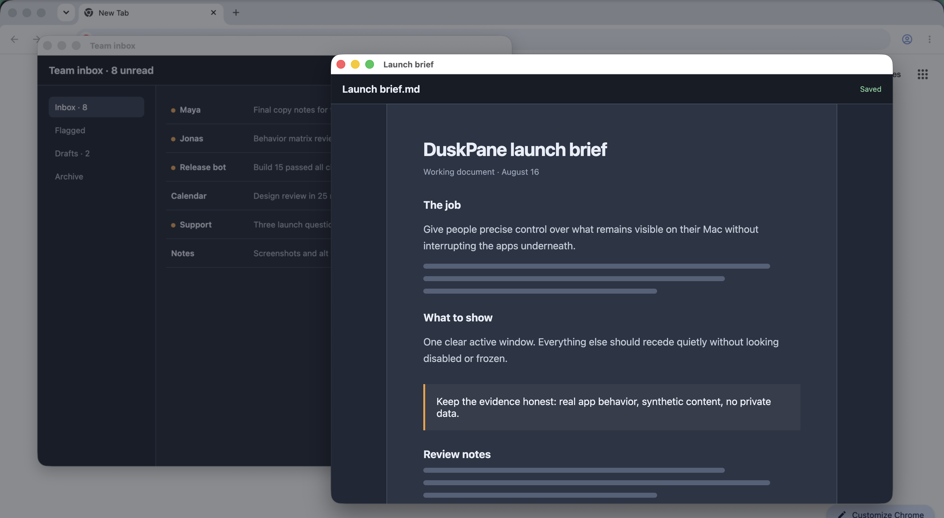 A real DuskPane Focus Mode capture with a synthetic writing window clear while a synthetic inbox and browser behind it are dimmed.